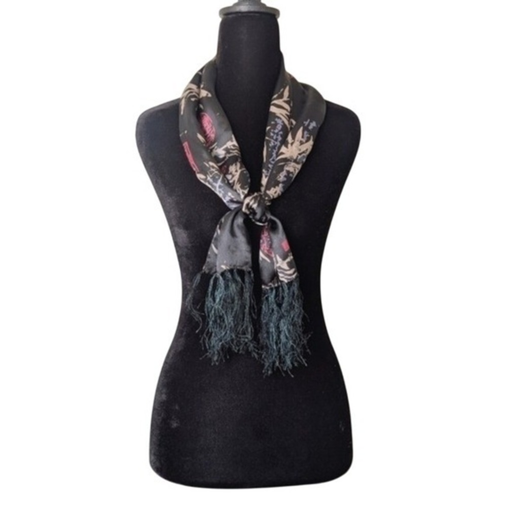 Vintage Y2K Indie Sleaze Cool Chic Asian Print Fringe Silk Scarf